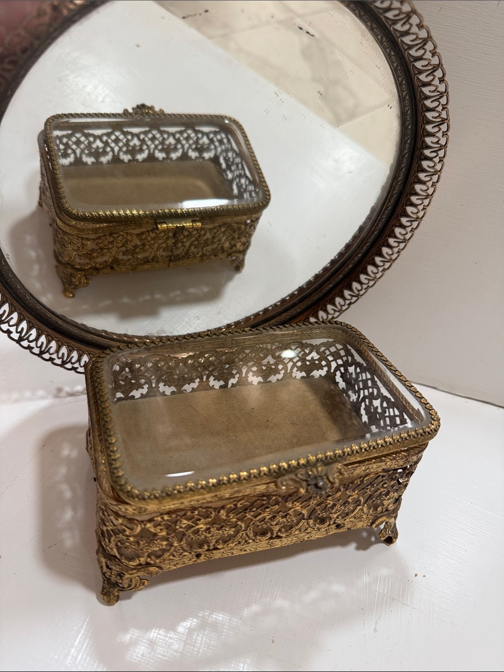 Vintage Ormolu Ornate Gold Brass Glass Jewelry Trinket Box & Round Mirrored Tray
